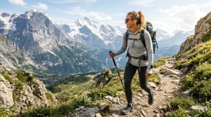 Athletic woman hiking up a sunny mountain trail wearing a protective grey sun hoodie.