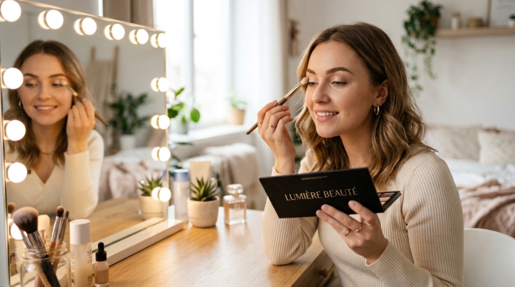 Three open makeup palettes with shimmering nude and terracotta pigments on folded cream silk.
