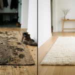 Shark carpet cleaner next to dark winter slush stains on a living room rug.