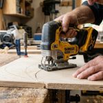 Worker cutting plywood with a cordless jigsaw in a bright workshop.