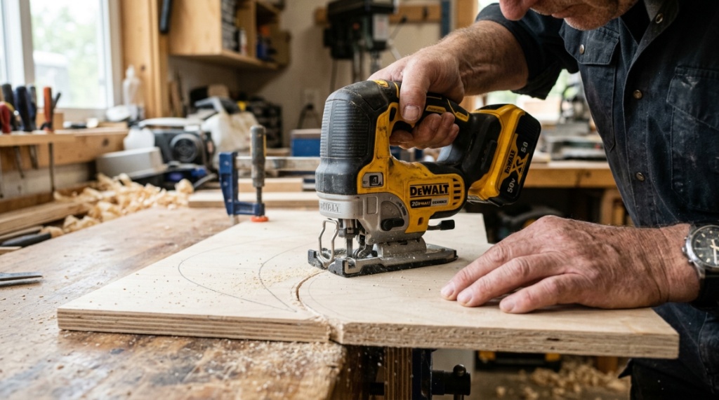 Worker cutting plywood with a cordless jigsaw in a bright workshop.