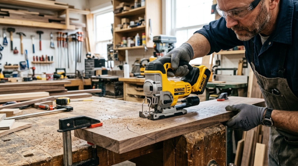 Hands guiding a cordless jigsaw along a precise curved line on timber.