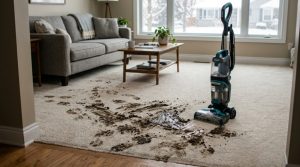 Clean entryway rug after removing winter mud and slush stains with a vacuum.