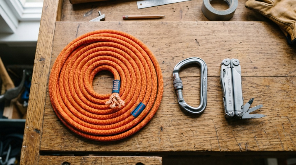 A person testing the tension of heavy-duty nylon rope tied between trees.
