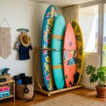 Wooden wall rack holding multiple surfboards vertically inside a bright Hawaii home.