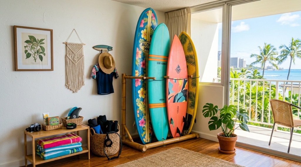 Wooden wall rack holding multiple surfboards vertically inside a bright Hawaii home.