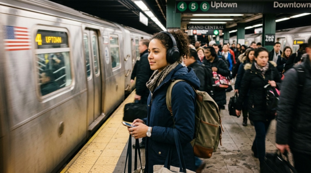 Commuter wearing durable wireless headphones on a busy subway platform.