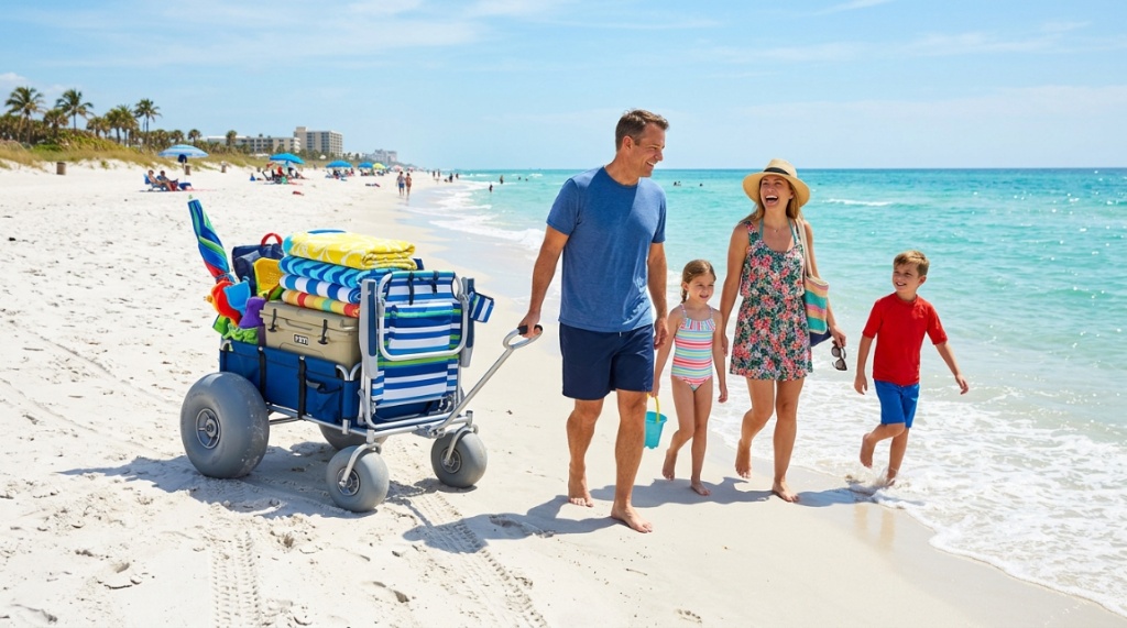 Family pulling wide-wheel beach cart across powdery white Florida sand.
