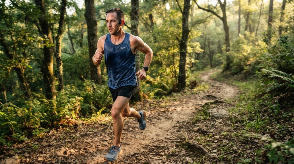 Male runner jogging outdoors while wearing black bone conduction headphones.