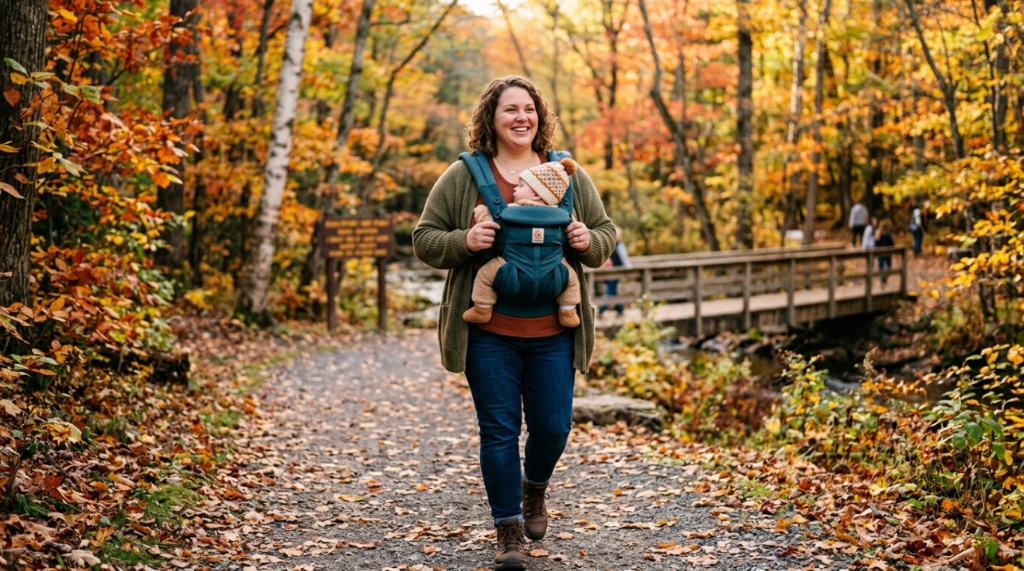 Plus-size mother wearing a budget baby carrier in a Pennsylvania park.