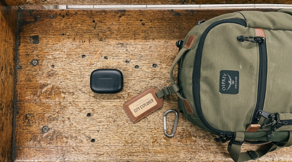 Compact wireless earbuds in a charging case on a wooden bench.