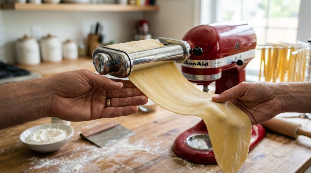 Fresh spaghetti draped over a drying rack beside a KitchenAid stand mixer.