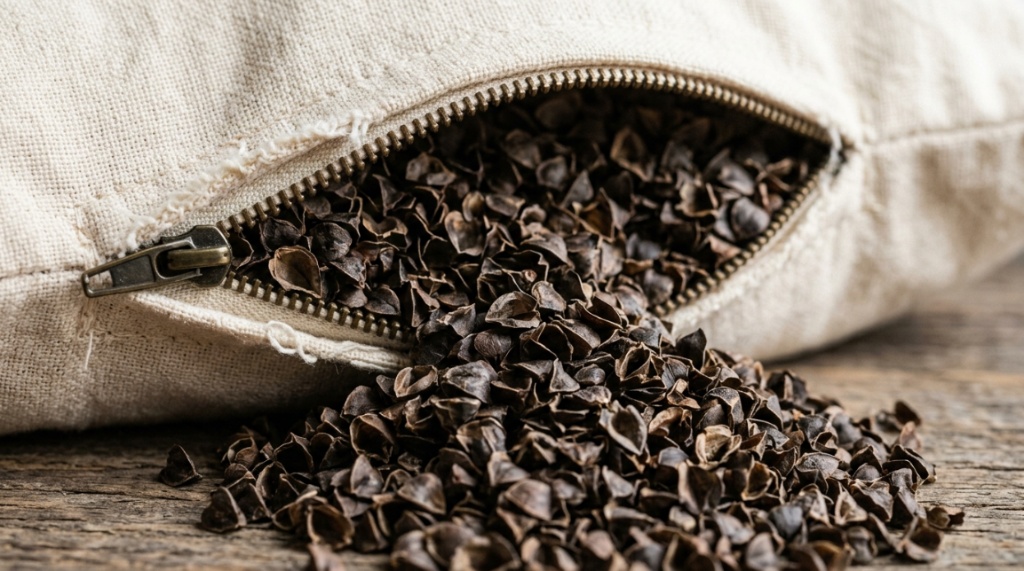 Close-up of natural buckwheat hulls inside an open pillow