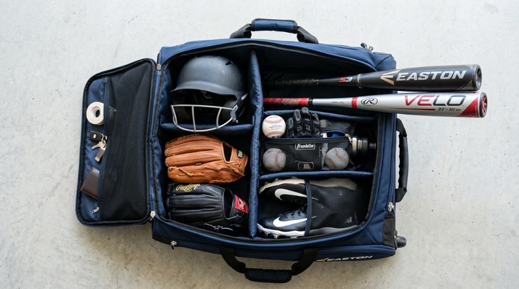Open rolling baseball bag showing separate compartments for helmet, cleats, and gloves.