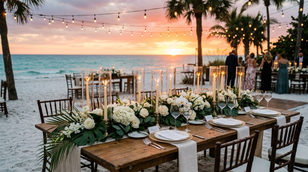 Elegant taper candles on a tropical beach wedding reception table at sunset.