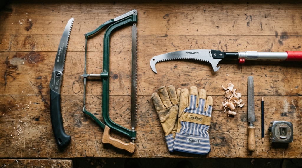 Various pruning saws displayed on a wooden workbench.